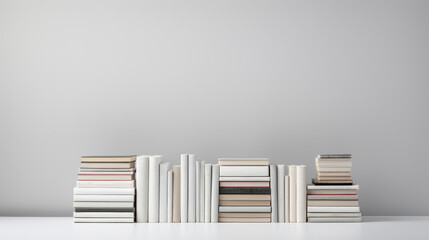 A stack of books on a white wall. This image shows a pile of books of different sizes and colors stacked in a random manner on a white background. The books are mostly white or light-colored, creating - obrazy, fototapety, plakaty