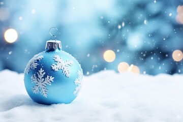 Beautiful Blue Christmas Ball Decoration in Snow on Blue Background