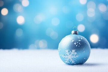 Beautiful Blue Christmas Ball Decoration in Snow on Blue Background
