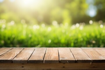 Rustic Wood Flooring and Lush Green Grass: Natural Mockup in the Sunlight