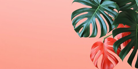 Philodendron tropical leaves on coral color background minimal summer, Generative AI
