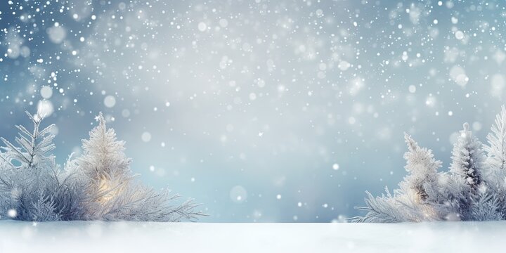 Christmas winter image with snow, pine trees bokeh effect and space for text.