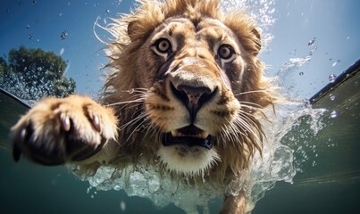 Immerse yourself in the thrilling world of wildlife photography with a stunning image of a lion's underwater leap.