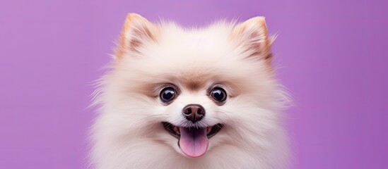 Beige Pomeranian s muzzle grooming purple background sight