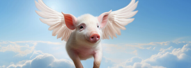 Pig with wings flying in blue sky. Idiom concept for unlikely event. - obrazy, fototapety, plakaty