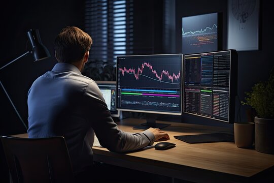 Back View Of Young Businessman Sitting At Desk In Office And Looking At Computer Screen With Stock Market Chart