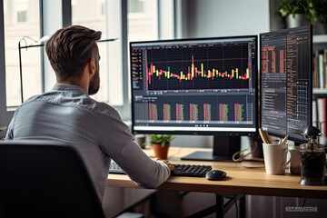 Back view of young businessman sitting at desk in office and looking at computer screen with stock market chart - obrazy, fototapety, plakaty
