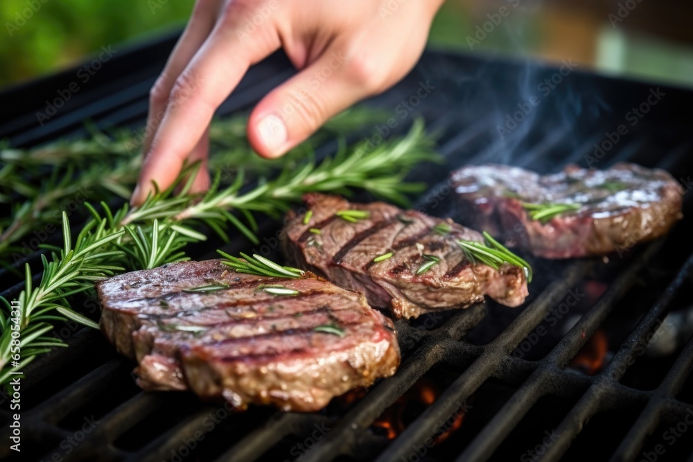 Poster hand placing a rosemary sprig on grilled steaks