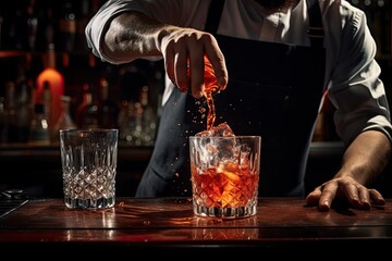 Bartender pouring a drink into a glass at the bar counter, Bartender pouring cocktail, top section cropped, AI Generated - Powered by Adobe