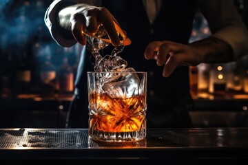 Bartender pours whiskey into a glass with ice cubes. Bartender pouring cocktail, top section cropped, AI Generated