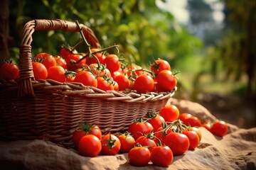 Ripe red tomatoes in a wicker basket on a background of green grass, Basket with new crop of ripe tomatoes on a plantation, AI Generated