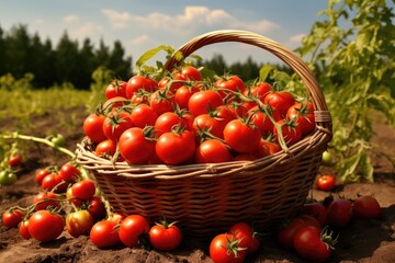 Ripe tomatoes in a wicker basket on a background of the field, Basket with new crop of ripe tomatoes on a plantation, AI Generated