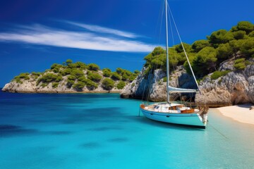 Sailing boat on the turquoise sea in Mallorca, Spain, Beautiful beach with sailing boat yacht, Cala Macarelleta, Menorca island, Spain, AI Generated - obrazy, fototapety, plakaty
