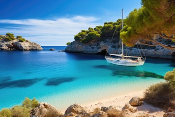 Sailing boat on turquoise water of Calanques bay, Corsica island, France, Beautiful beach with sailing boat yacht, Cala Macarelleta, Menorca island, Spain, AI Generated - obrazy, fototapety, plakaty