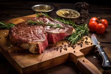 Gordijnen grilled t-bone steak on a chopping board with a knife © Alfazet Chronicles