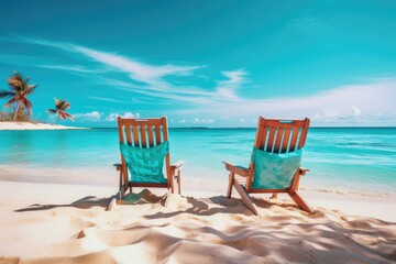 Fototapeta na wymiar Beach chairs on tropical beach at Maldives. Vacation concept, Beautiful beach. Chairs on the sandy beach near the sea. Summer holiday and vacation concept for tourism, AI Generated