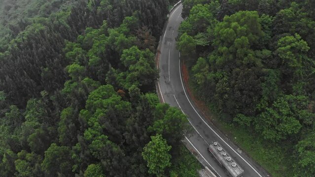 Traffic on Hai van pass Vietnam during a cloudy day, aerial