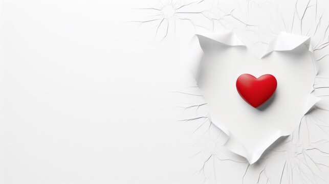 A romantic and creative image of a red heart in a white background. The heart is in the center of the image and is surrounded by a torn paper effect. The torn paper effect is in the shape of a heart