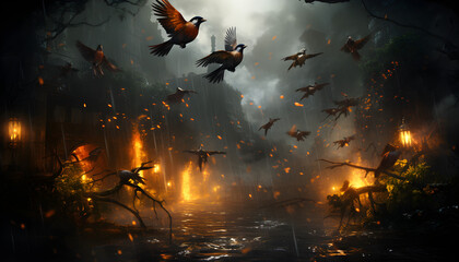 Phoenix Moment: Heroic Intervention in a Fiery Forest Bird Crisis - obrazy, fototapety, plakaty