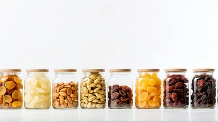 Fotobehang A line of snack-friendly glass jars holding various dried fruits. on white background © พงศ์พล วันดี