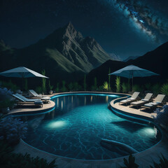 Luxurios Swiming Pool And Loungers, Holiday Vacancion Spa Hotel Resort, Relaxing Concept Background, Generative AI