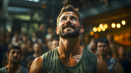 Smiling Caucasian fitness trainer man is wearing sportswear in gym - obrazy, fototapety, plakaty