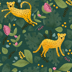 Funny leopards tropical seamless pattern