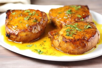 three honey mustard pork chops on a white plate with garnish