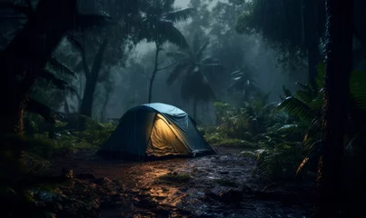 Fotobehang rain on the tent in the forest, tropic, quiet, calm, peaceful, meditation, camping, night, relax, Generative AI © Harvinder