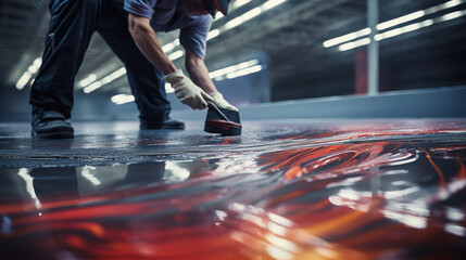 The worker applies gray epoxy resin to new floor - obrazy, fototapety, plakaty