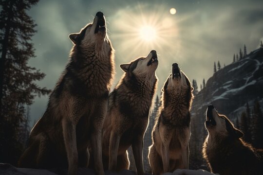 Photo of a group of wolves, one of them howling at the sky. Generative AI