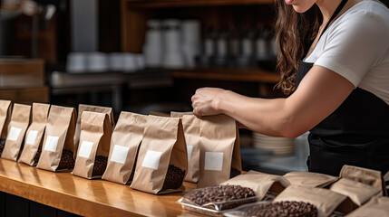 Woman hands seal coffee bean bag packages ready for sales