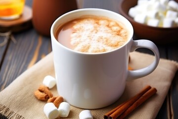 close-up of a white mug with hot chocolate and marshmallows