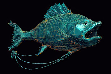 Digital shade wire-frame network structure connection with line and dot on fish shape with 3d rendering.