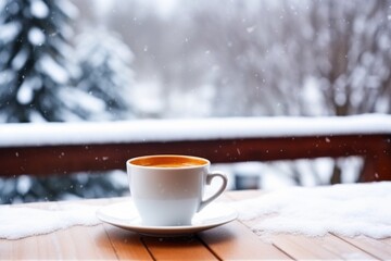 Obraz na płótnie Canvas fresh hot coffee in a cup on a snowy outdoor table