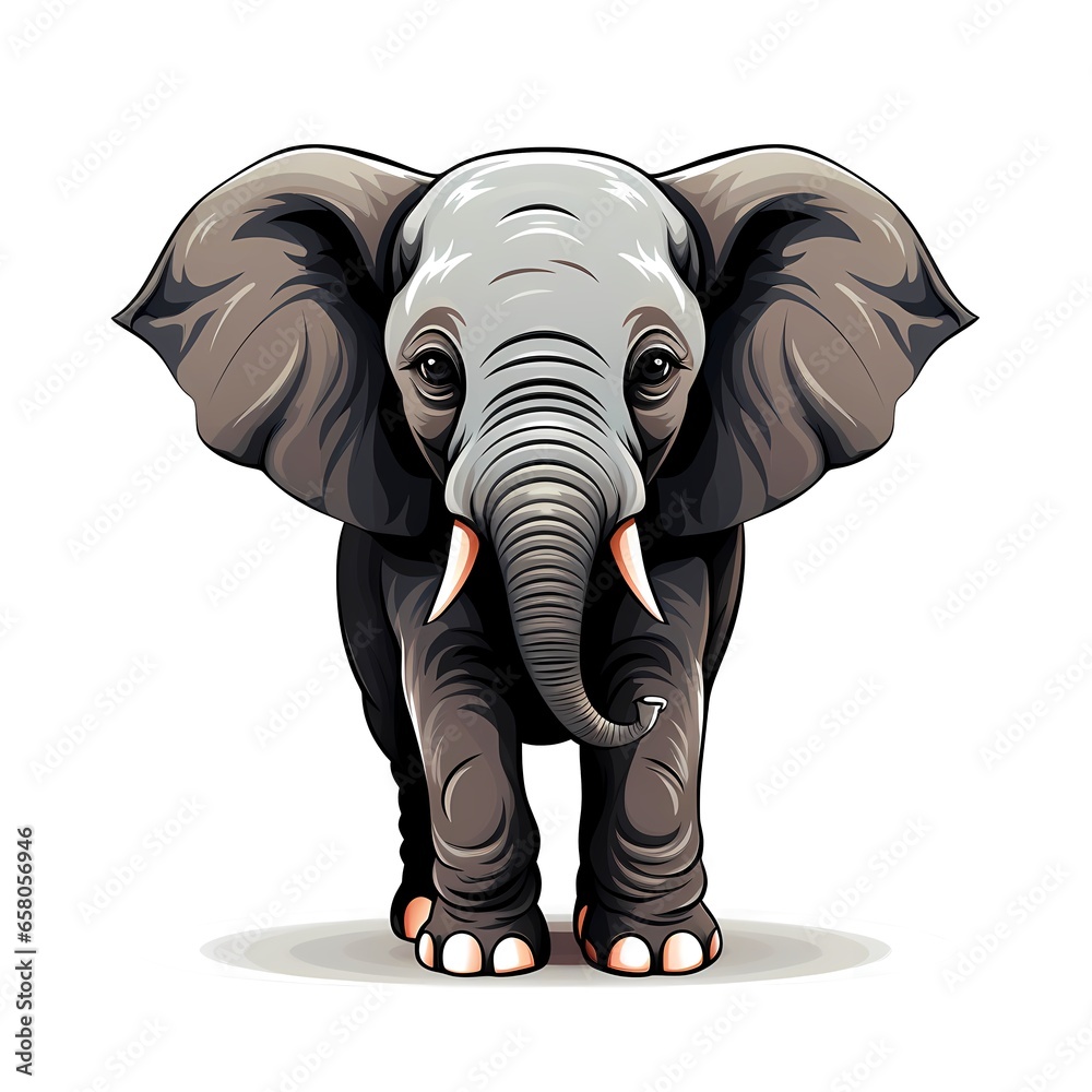 Sticker Elephant standing on white background with long tusk.