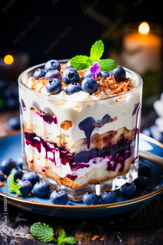 Wall mural Dessert with blueberries and whipped cream on plate.