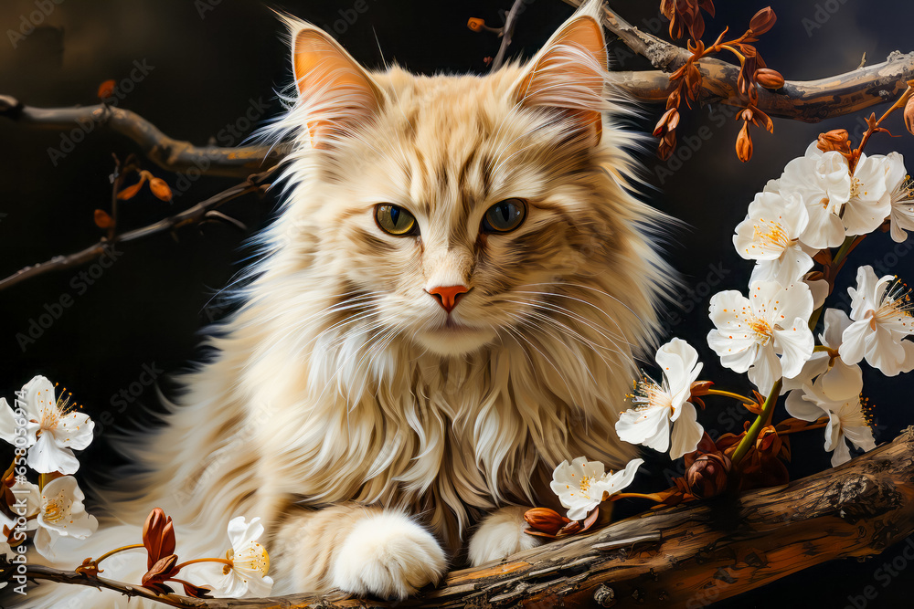 Wall mural image of cat sitting on branch of tree.