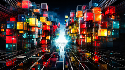 Futuristic city filled with lots of colorful glass cubes.
