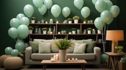 Birthday decoration with green theme in the living room.