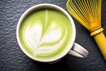 overhead view of hot matcha latte with bamboo whisk