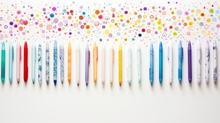 A rainbow of pens on a white background. This image shows a row of colorful pens with different designs and patterns arranged in a rainbow-like order. The pens are contrasted by the white background