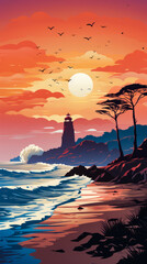 Image of lighthouse on rocky shore at sunset.