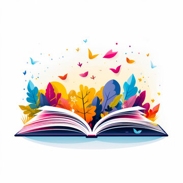 Open book with colorful leaves and butterflies flying out of it.
