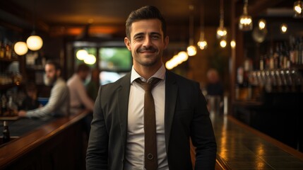 Businessman standing in pub.