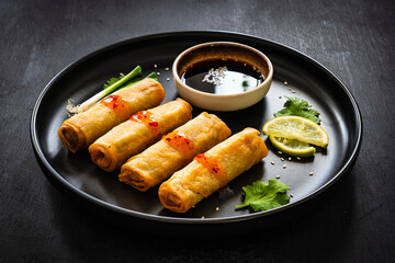Vegetable filled spring rolls and soy sauce on black wooden table
