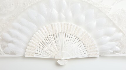 A white hand fan with white lace on a white background. The fan is open and has a white handle with a tassel. The background is white fabric with a floral pattern. A delicate and elegant image for fan