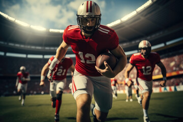 American football players playing football at stadium.