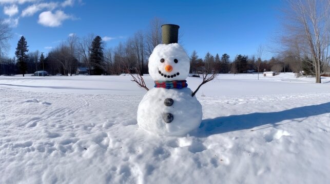 A snowman stands in a snowy field. Winter landscape.