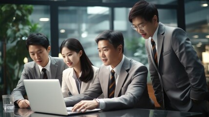 Four Asian business people taking a look at a laptop in workplace.